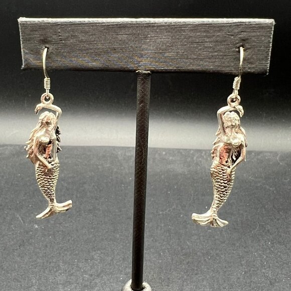 Sterling Silver 925 Mermaid Dangle Earrings Nautical Ocean Sea Life Fantasy Boho - Picture 1 of 8